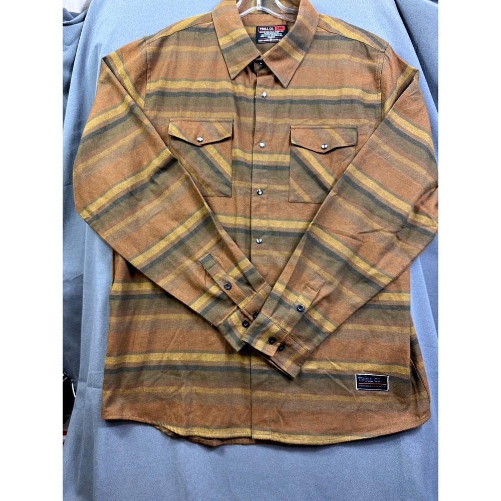 Troll Co Dirty Hands Clean‎ Money Flannel Shirt Men 2XL Striped Snap Front Brown